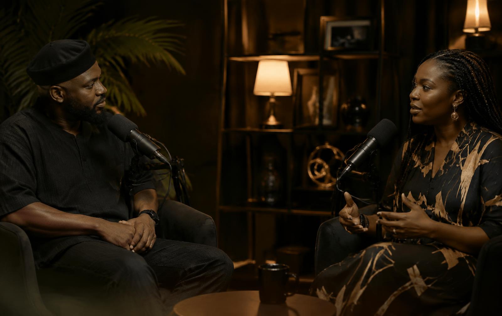 Interview studio with microphones and lamp light